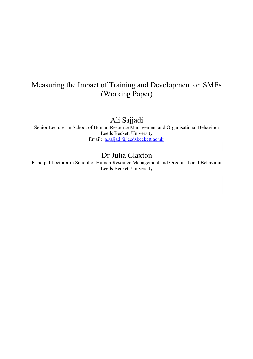 Measuring the Impact of Training and Development on Smes (Working Paper)