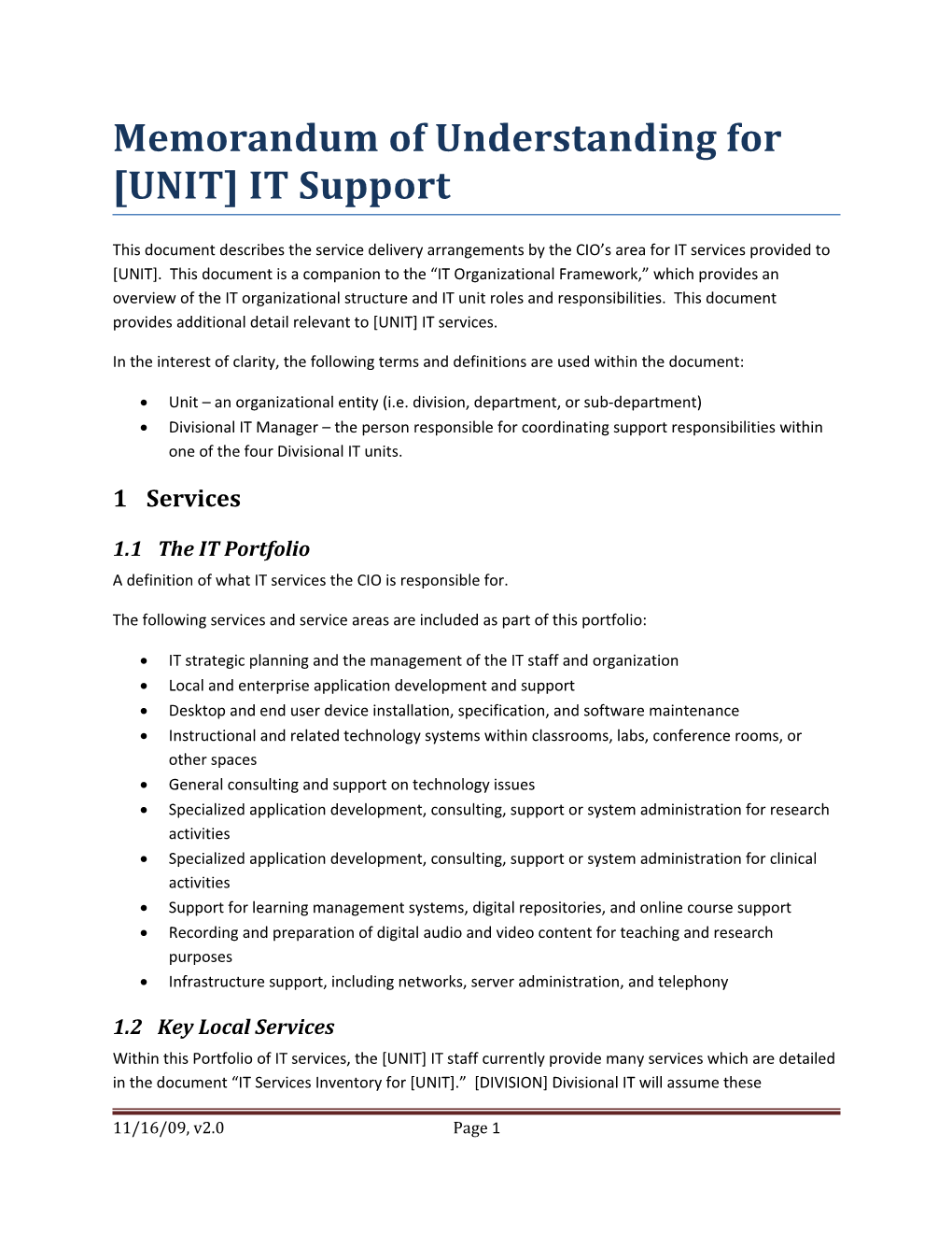 Memorandum of Understanding for UNIT IT Support