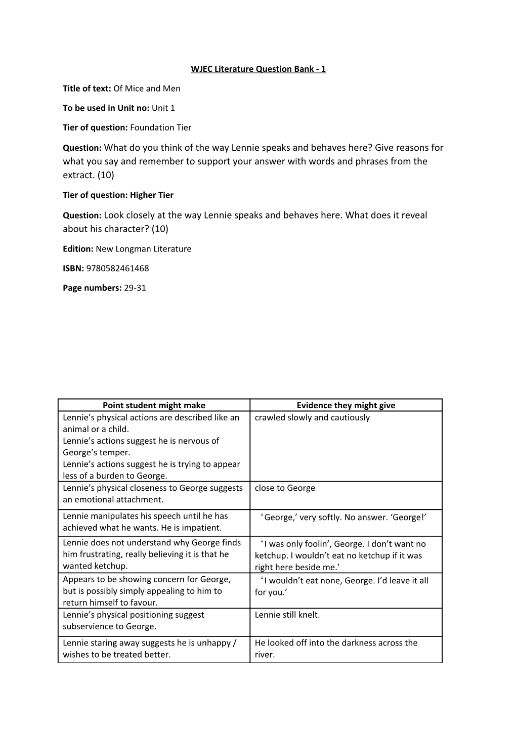 WJEC Literature Question Bank - 1