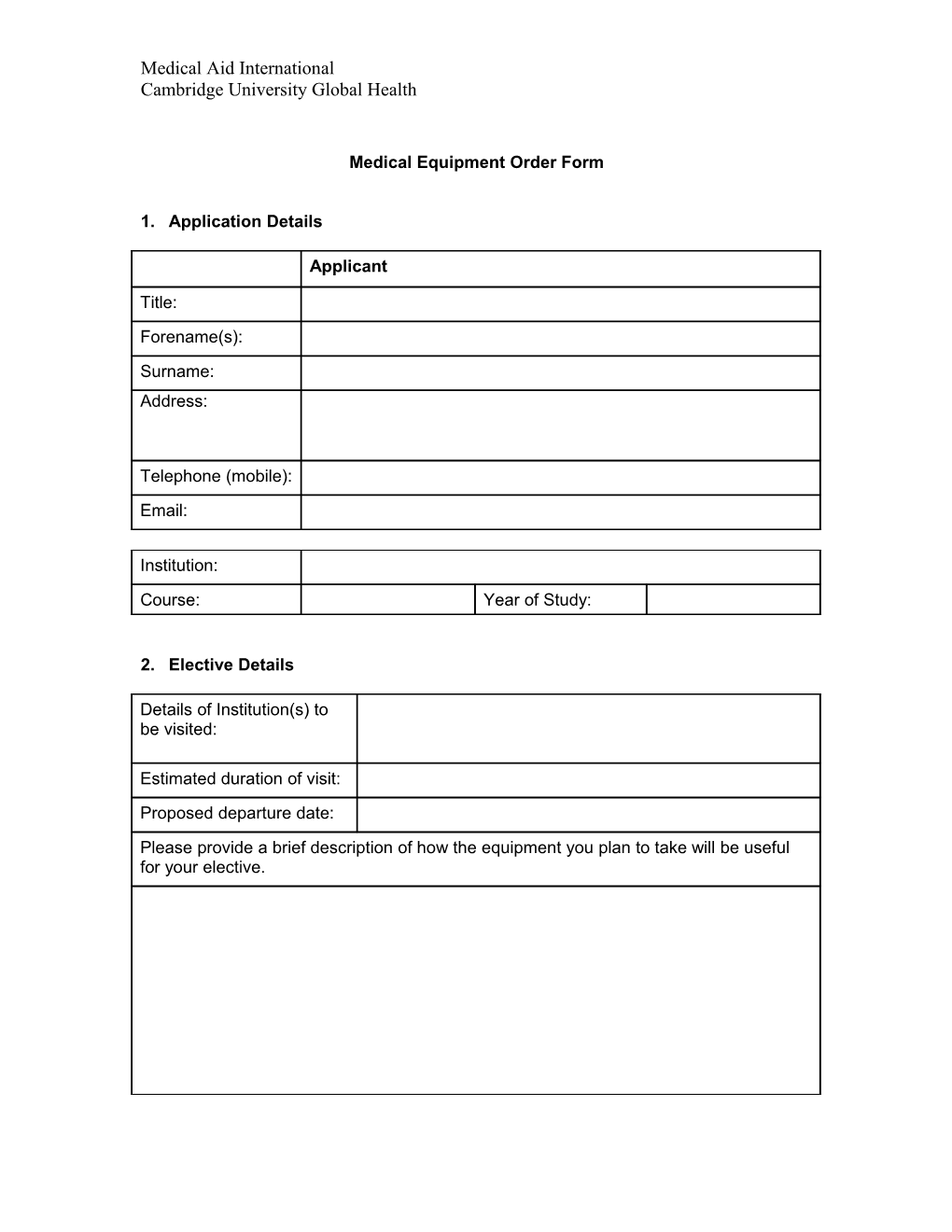 Medical Equipment Order Form