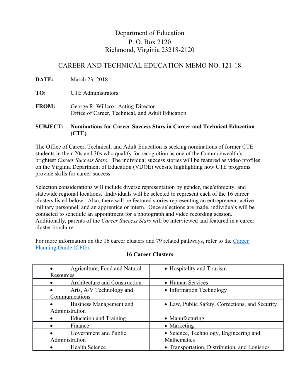 Career and Technical Education Memo No. 121-18