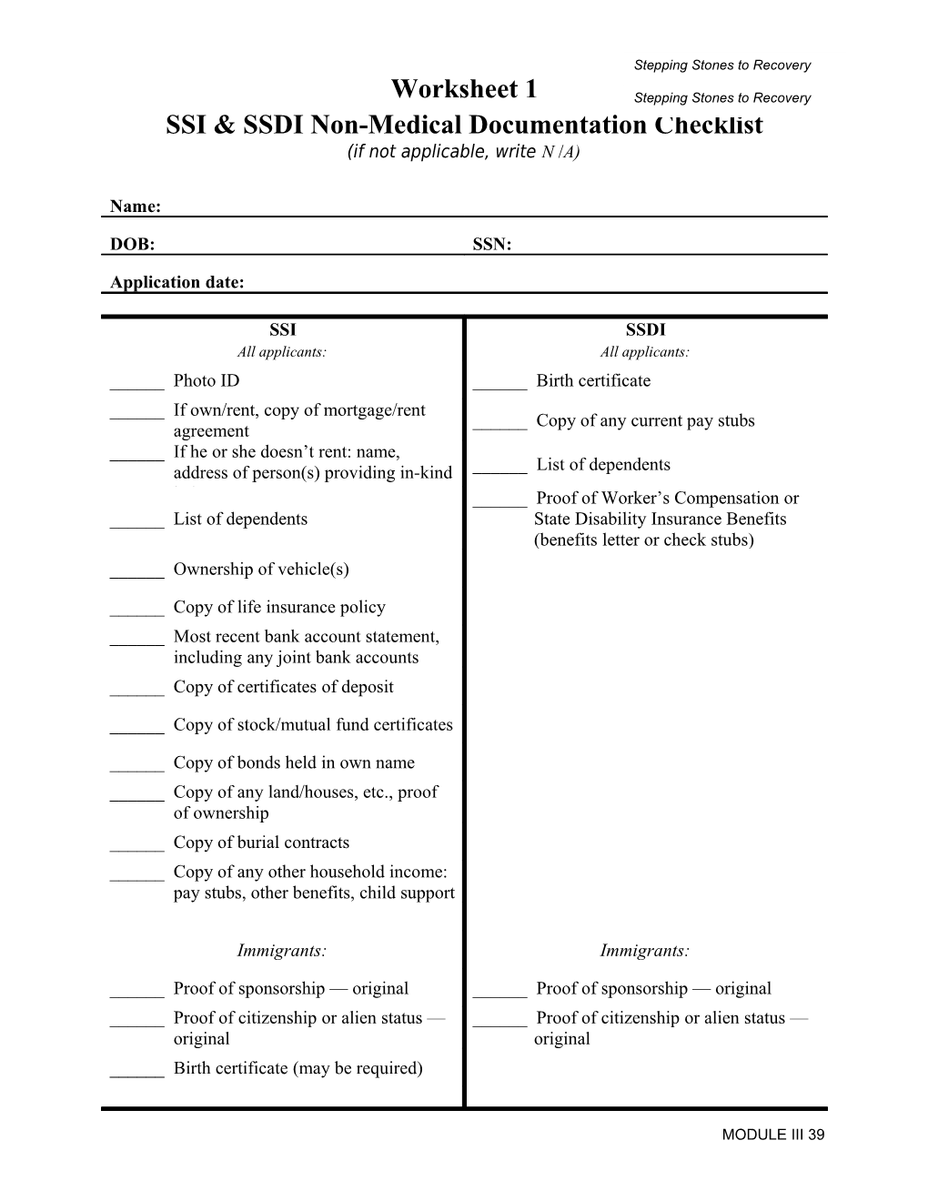 SSI & SSDI Non-Medical Documentation Checklist