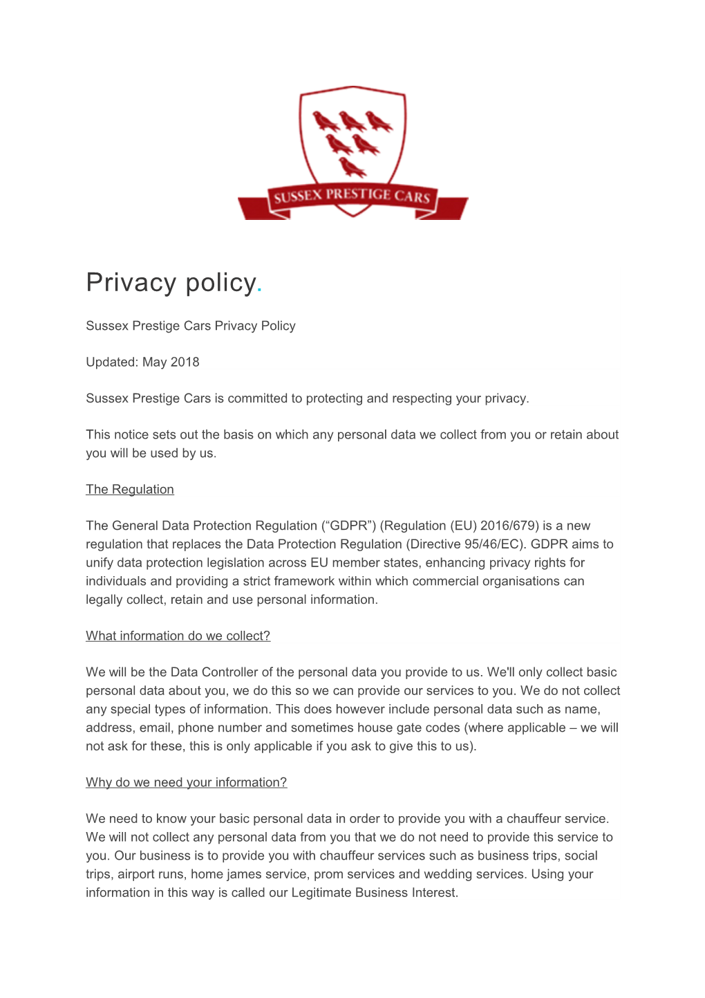 Sussex Prestige Cars Privacy Policy