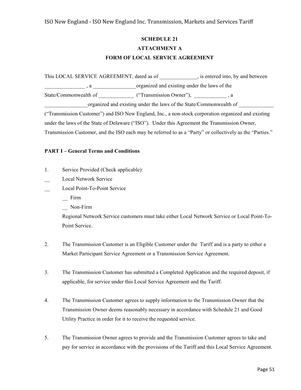 Form of Local Service Agreement