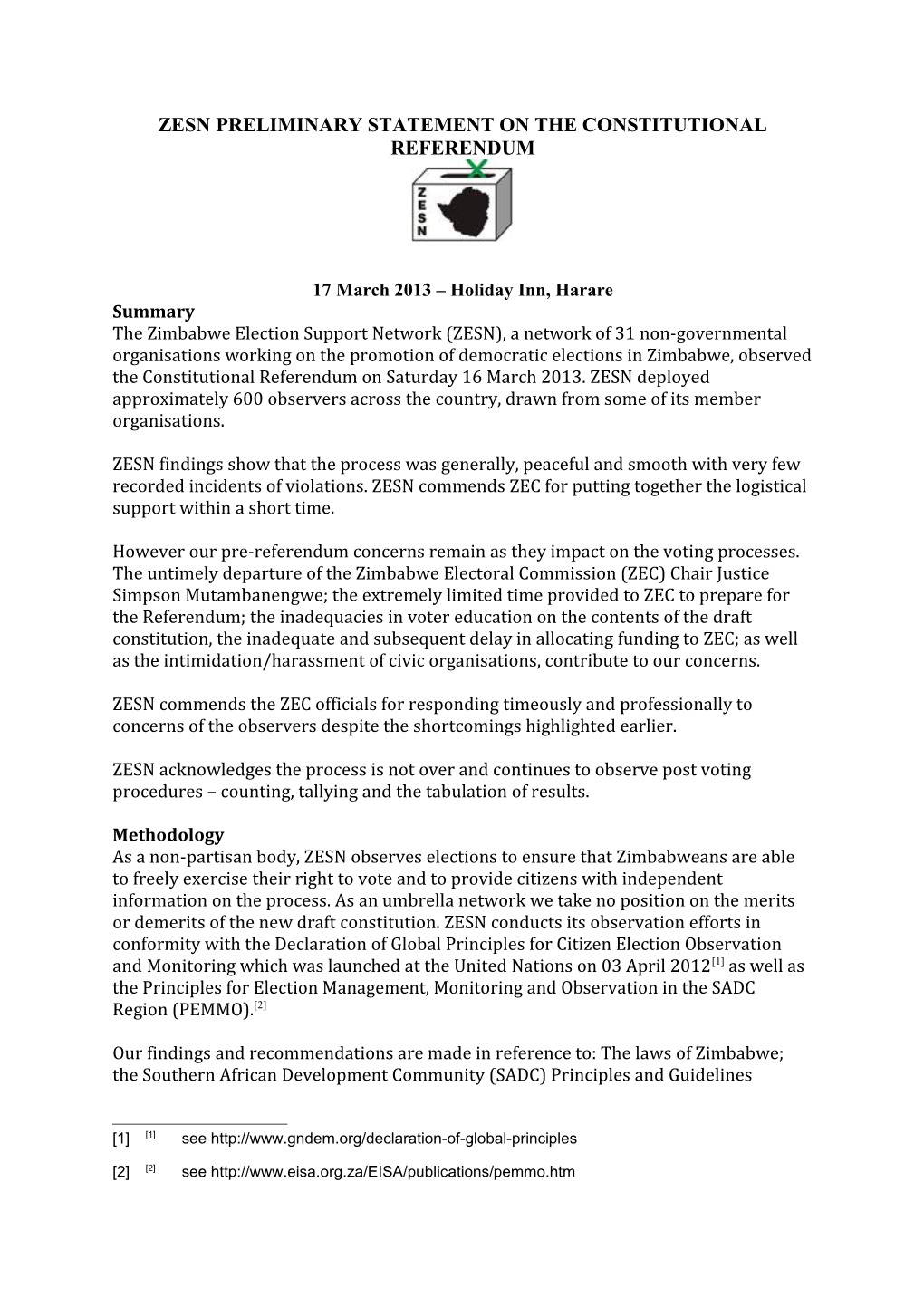 Zesn Preliminary Statement on the Constitutional Referendum