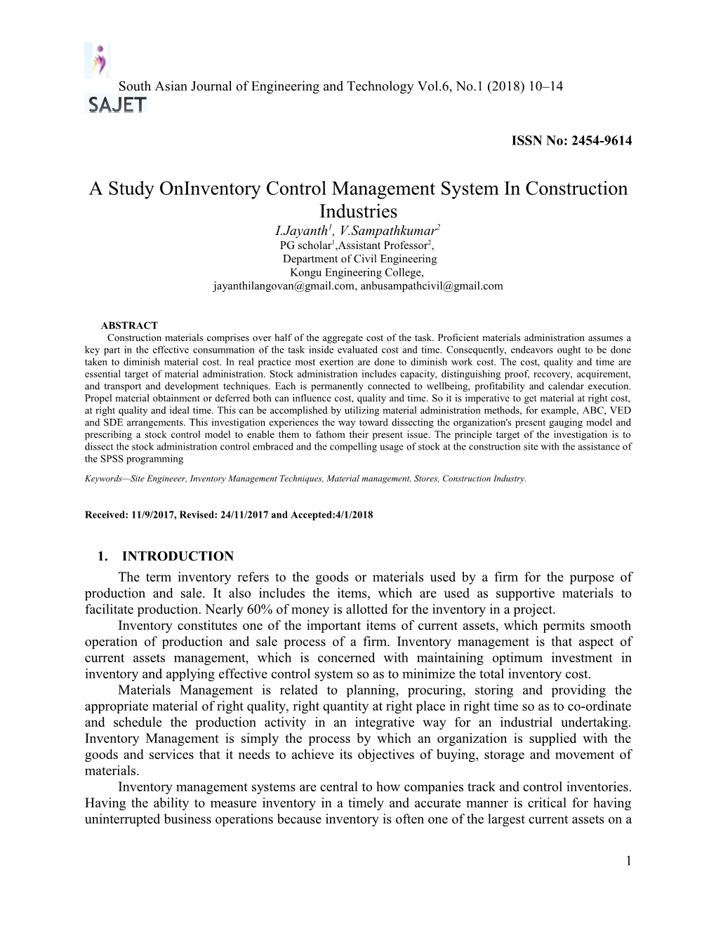 A Study Oninventory Control Management System in Construction Industries