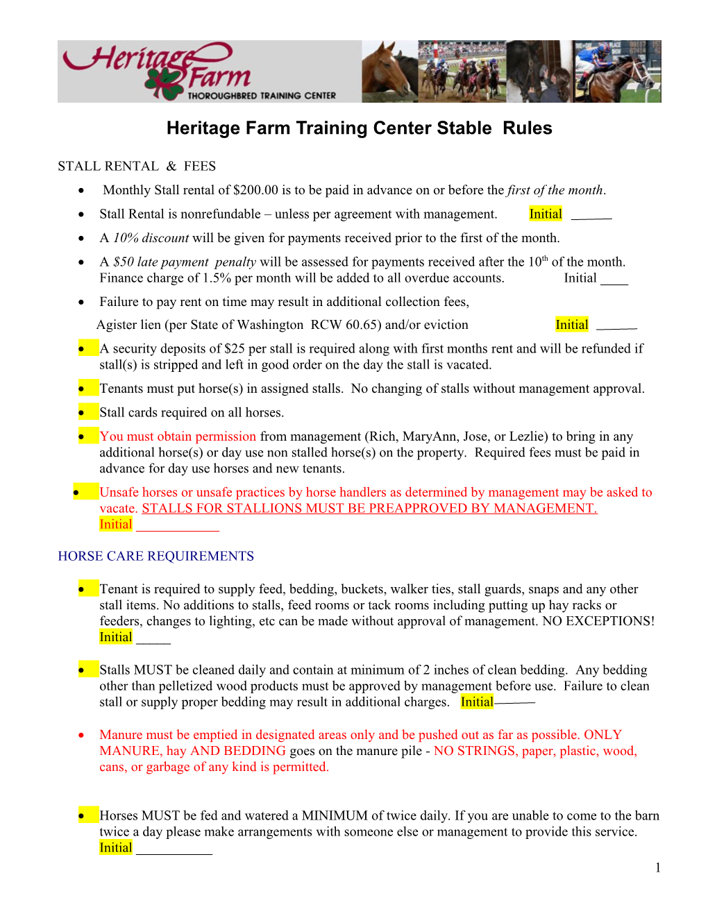 Heritage Farm Training Center Stable Rules