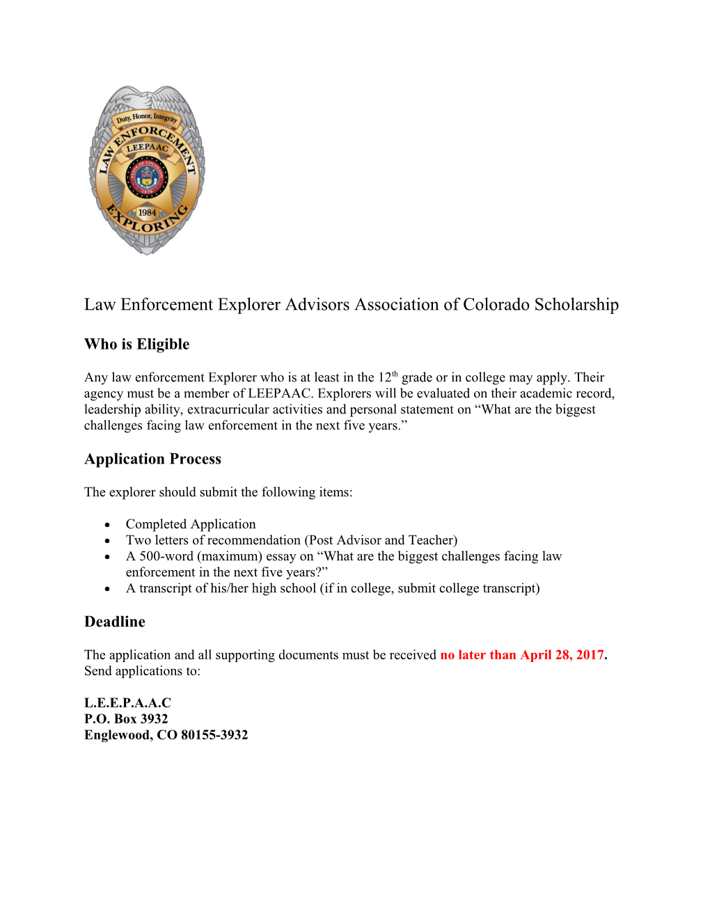 Law Enforcement Explorer Advisors Association of Colorado Scholarship