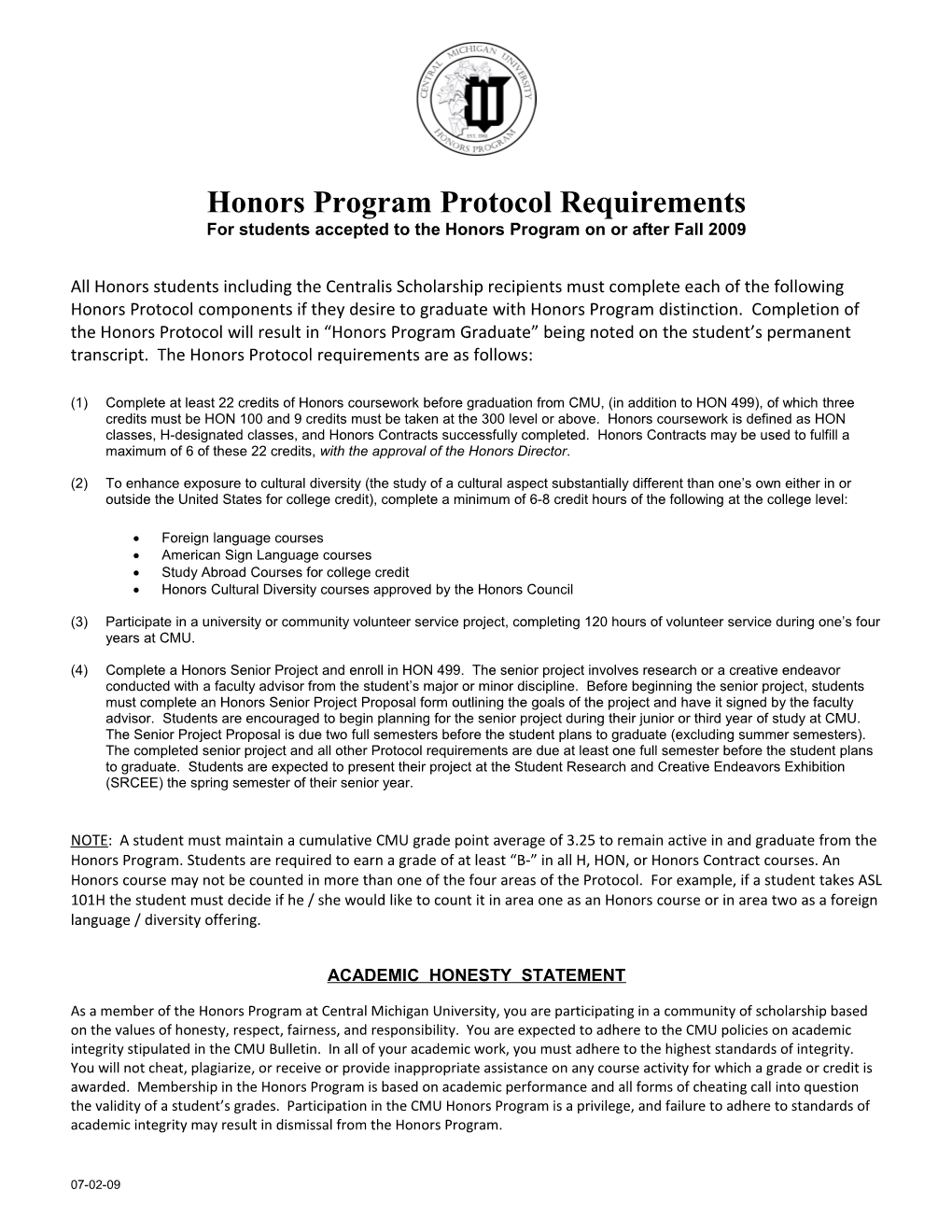 Honors Program Protocol Requirements