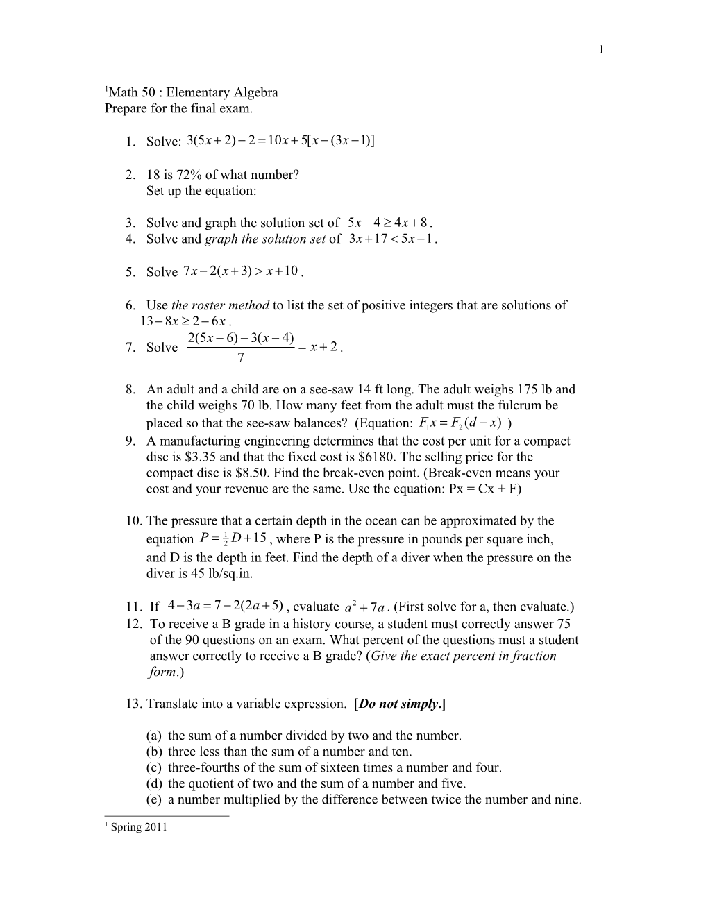 Math 50 : Elementary Algebra