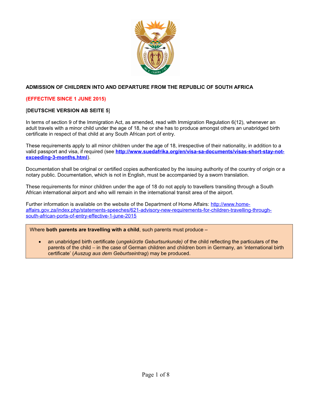 Admission of Children Into and Departure from the Republic of South Africa