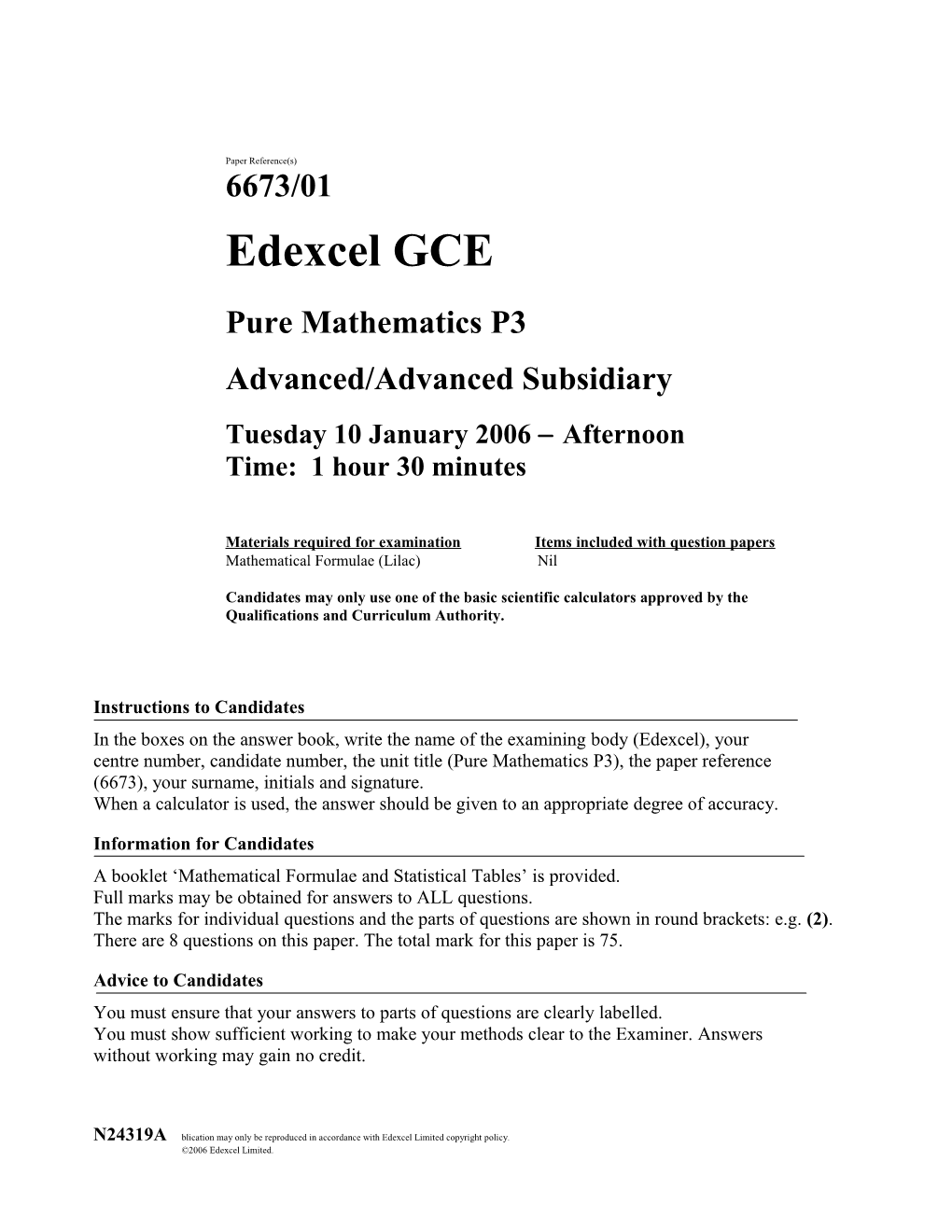 January 2006 - 6673 Pure P3 - Question Paper