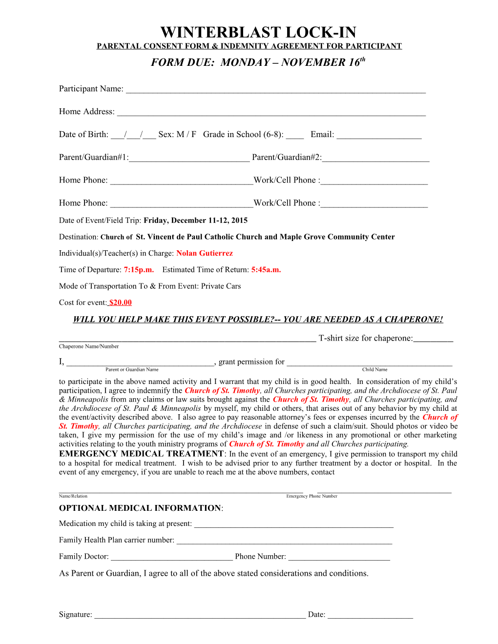 Parental Consent Form & Indemnity Agreement for Participant