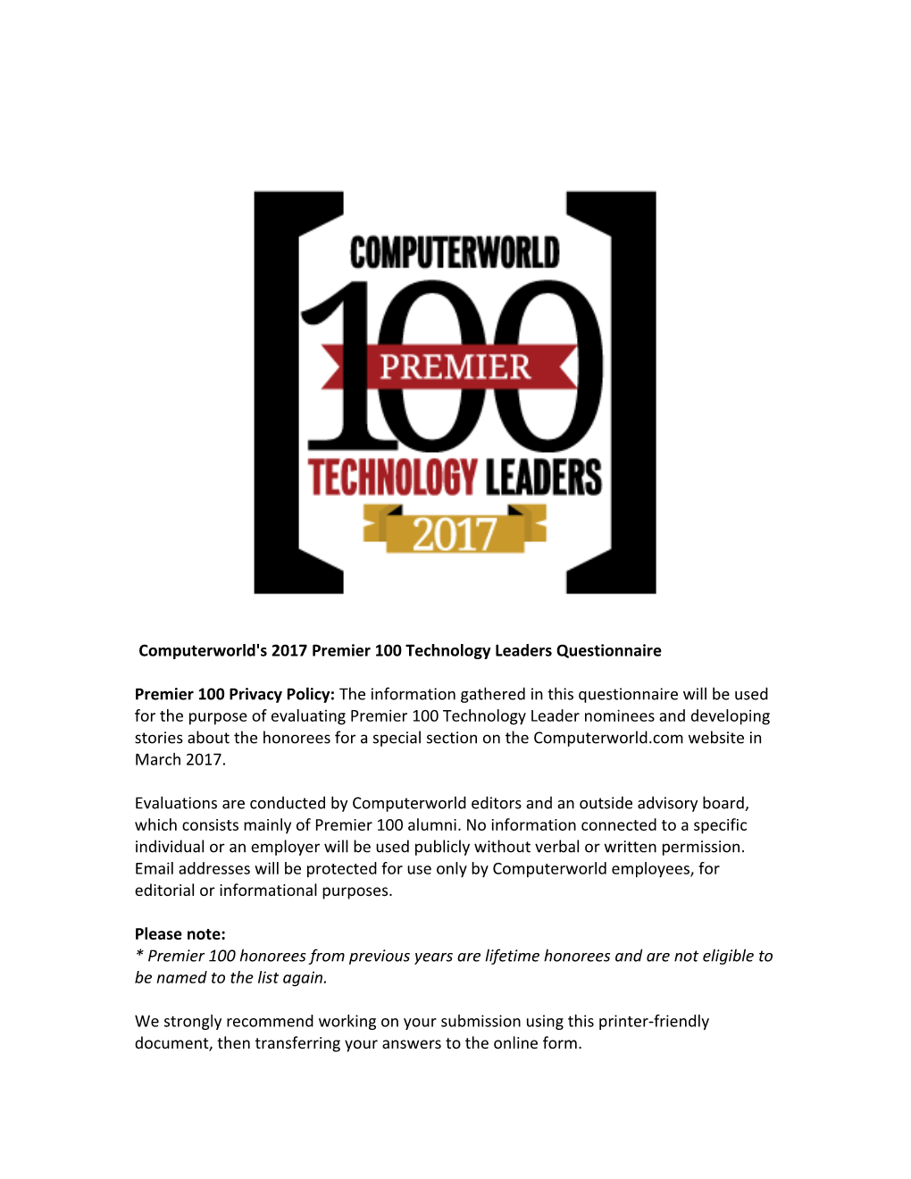 Computerworld's 2017 Premier 100 Technology Leaders Questionnaire