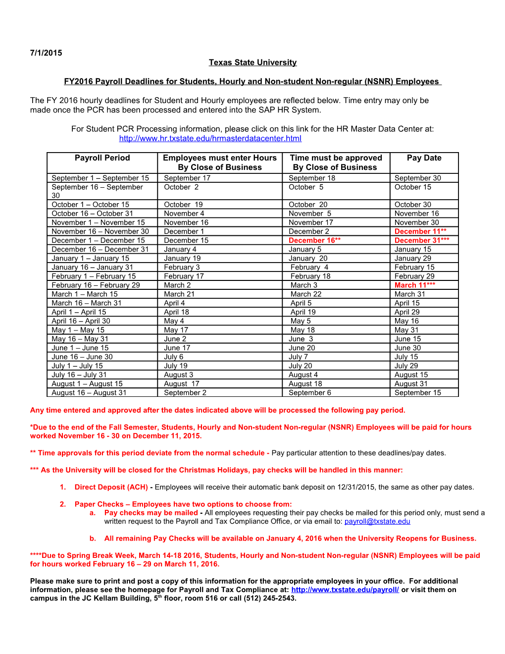 FY 2007 Payroll Deadlines