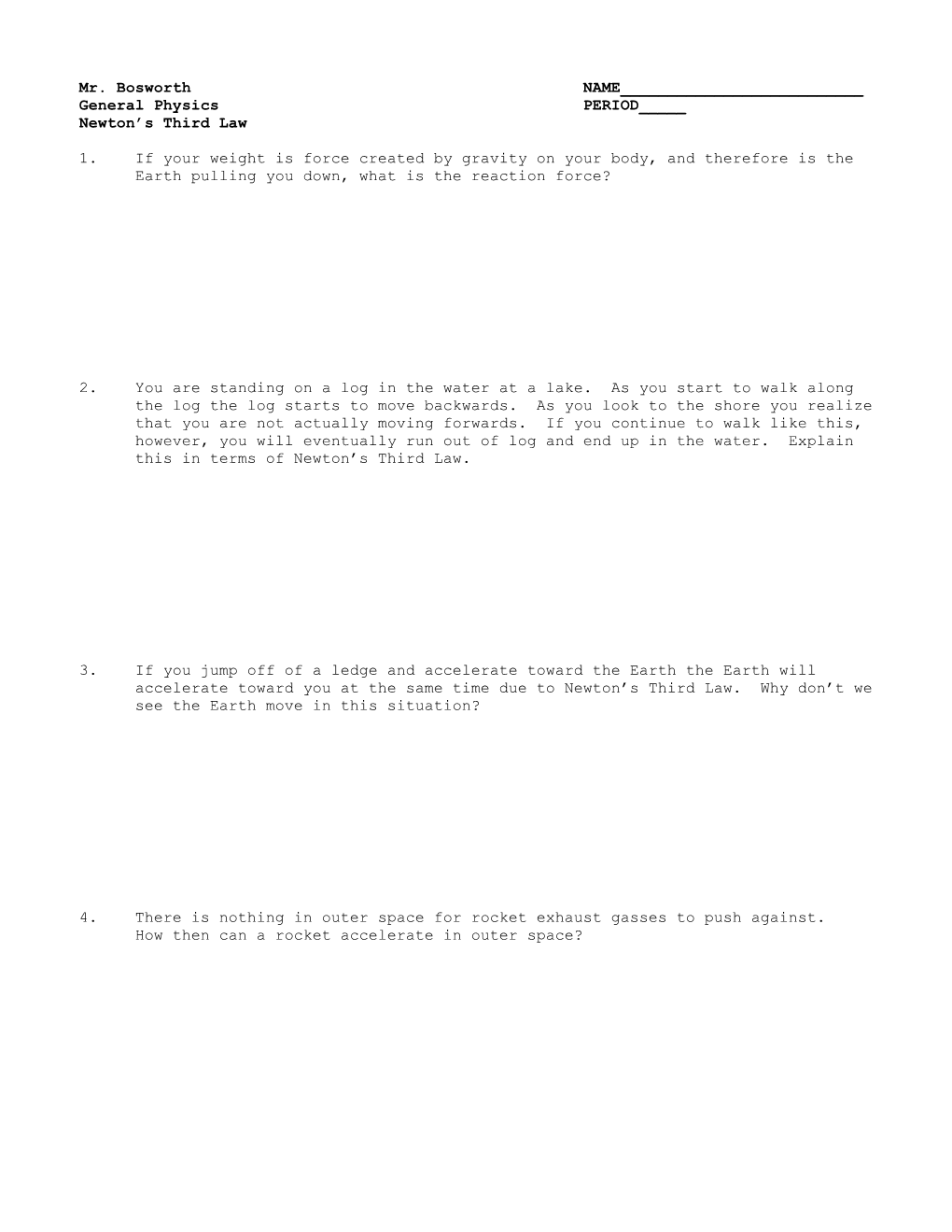 Newton's Third Laws Worksheet