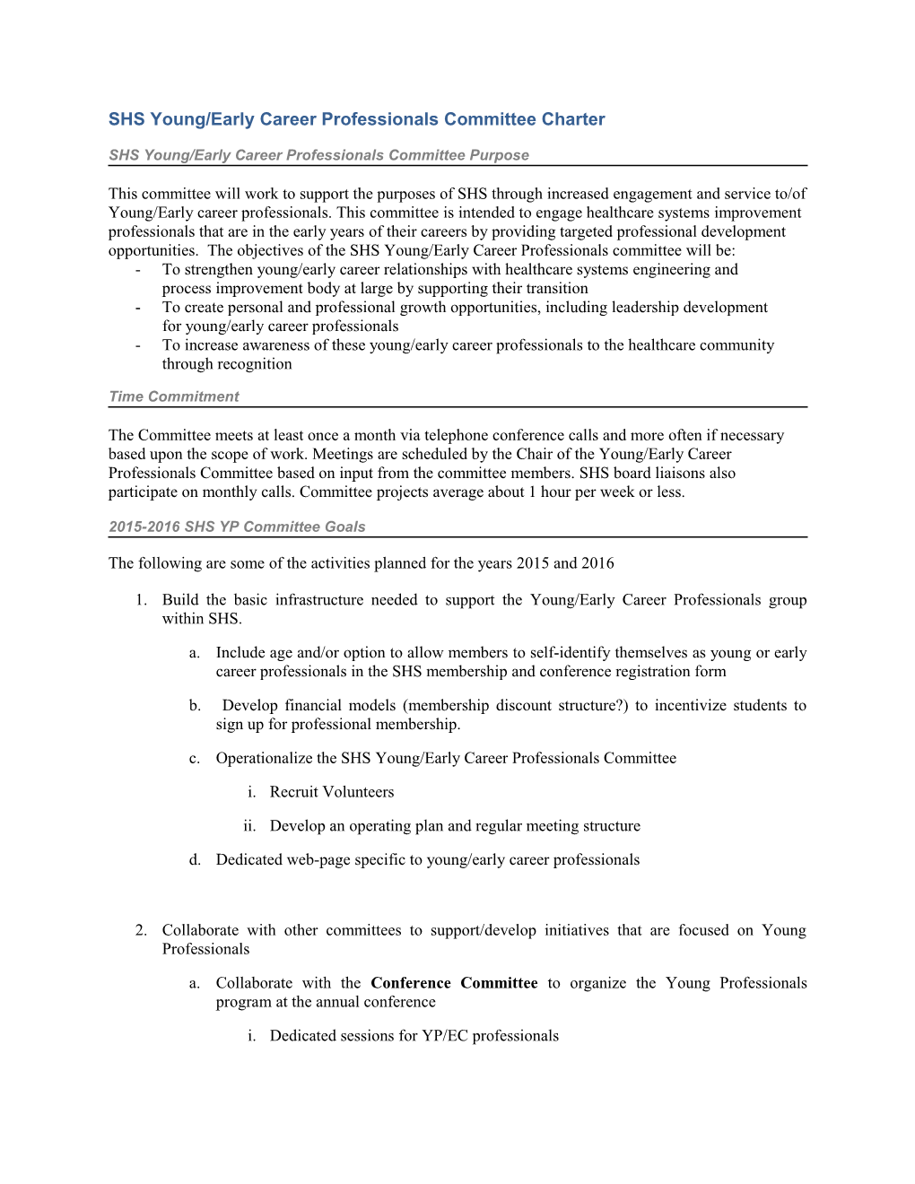 SHS Young/Early Career Professionals Committee Charter
