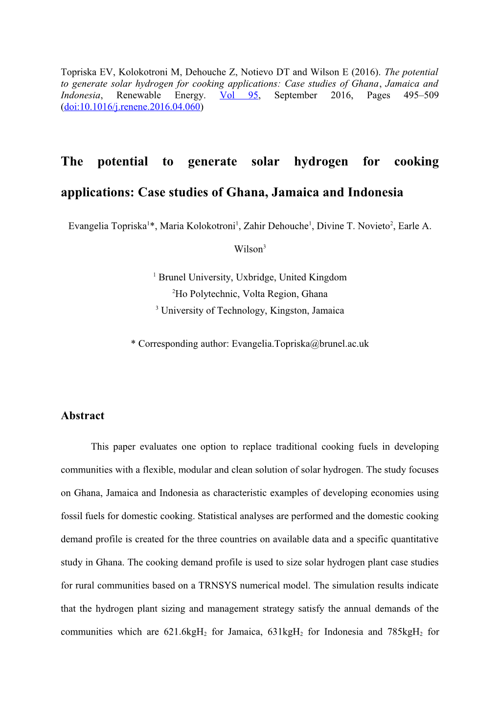 The Potential to Generate Solar Hydrogen for Cooking Applications: Case Studies of Ghana