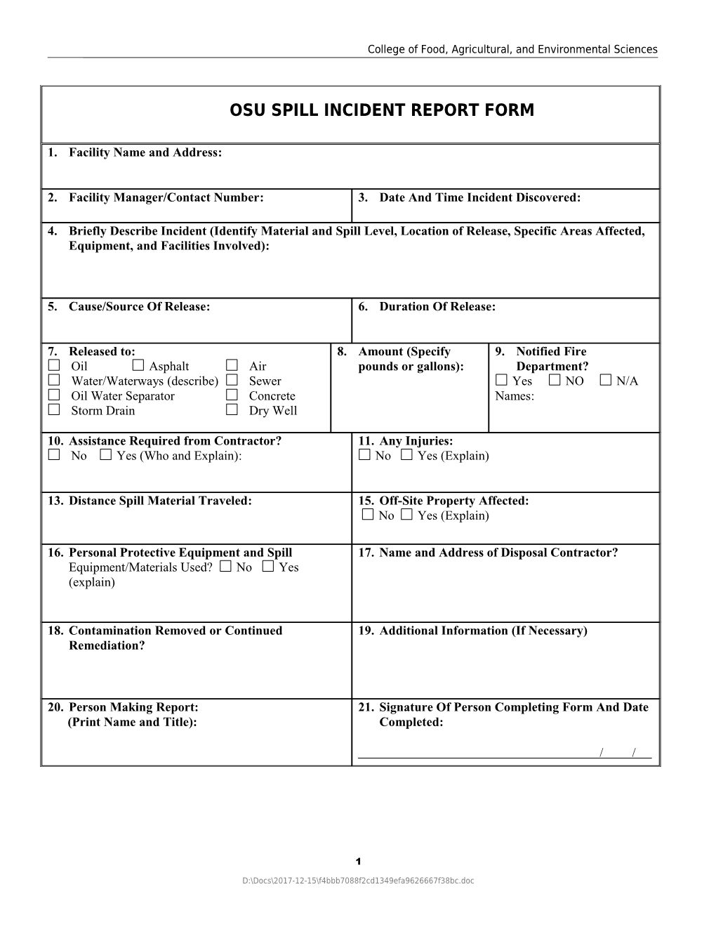 Rsc Spill Incident Report Form