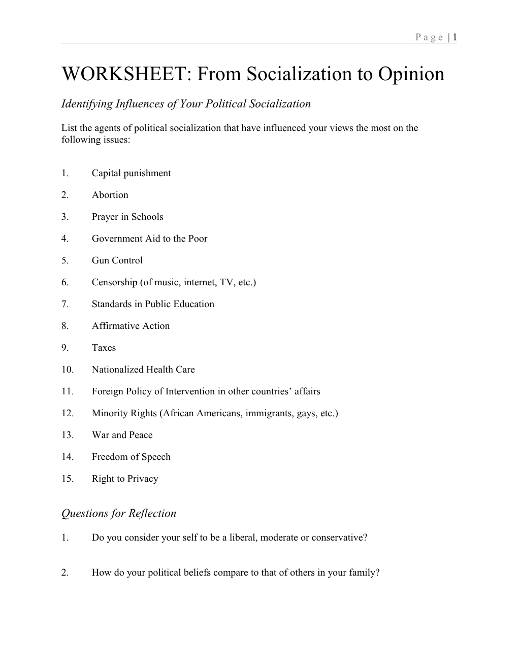 WORKSHEET: from Socialization to Opinion