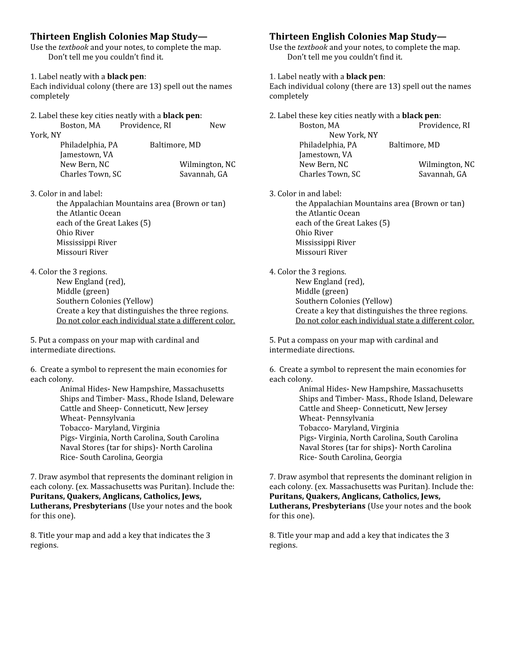 Thirteen English Colonies Map Study