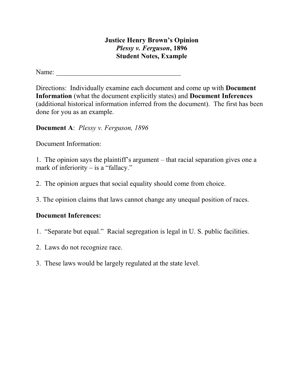 Justice Henry Brown’S Opinion Student Sample Justice Browns Opinion