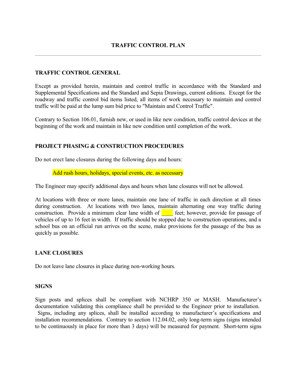 Traffic Control Plan