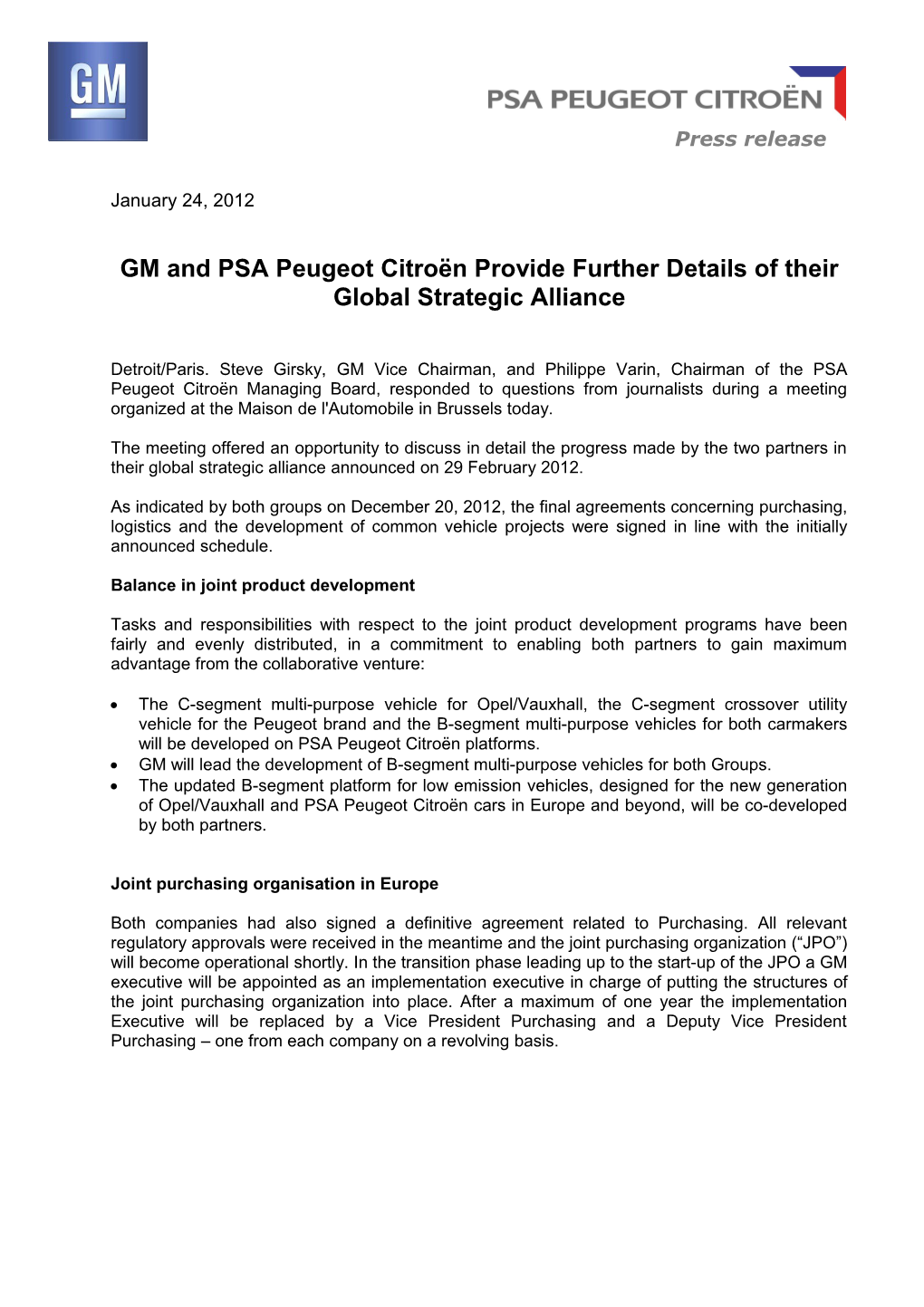 GM and PSA Peugeot Citroën Provide Further Details of Their Global Strategic Alliance