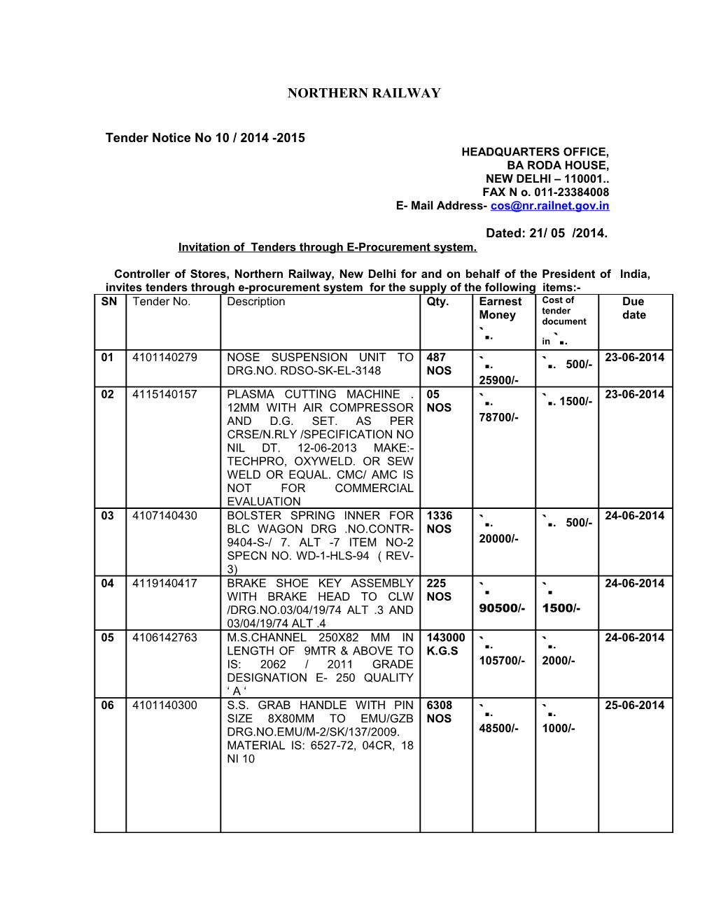 Tender Notice No 10 / 2014 -2015