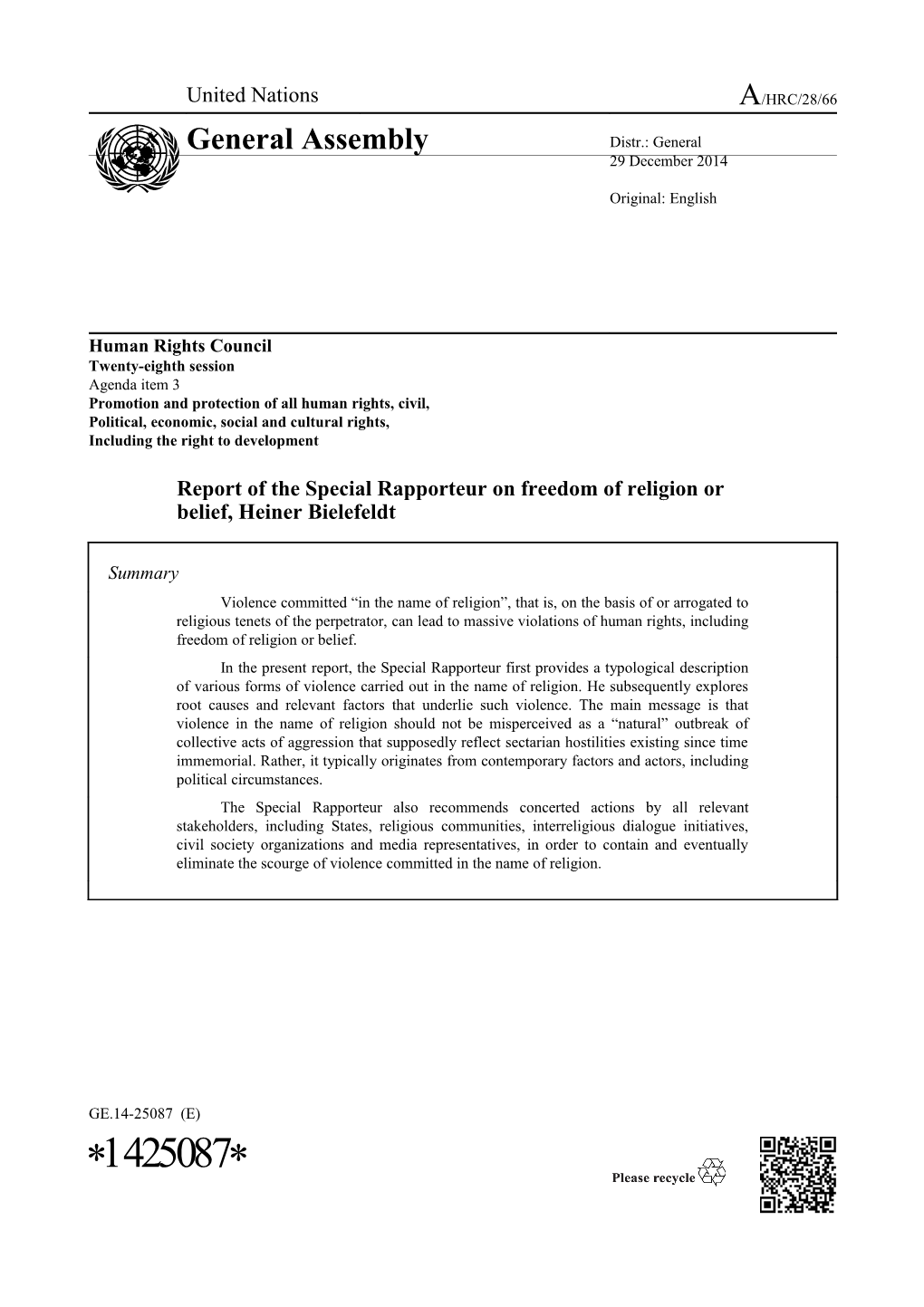 Report of the Special Rapporteur on Freedom of Religion Or Belief, in English