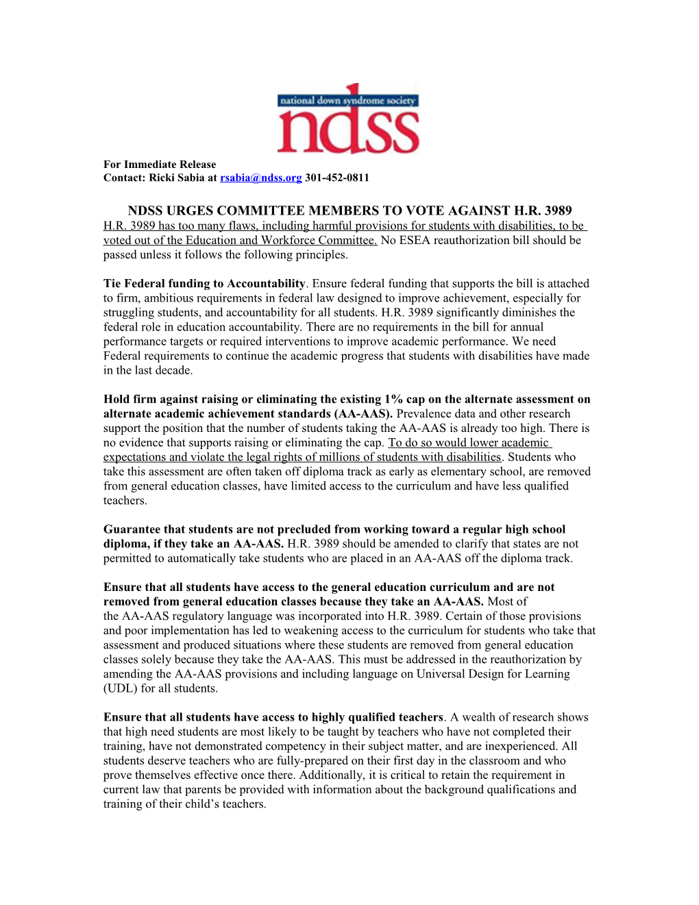 Ndss Urges Committee Members to Vote Againsth.R. 3989