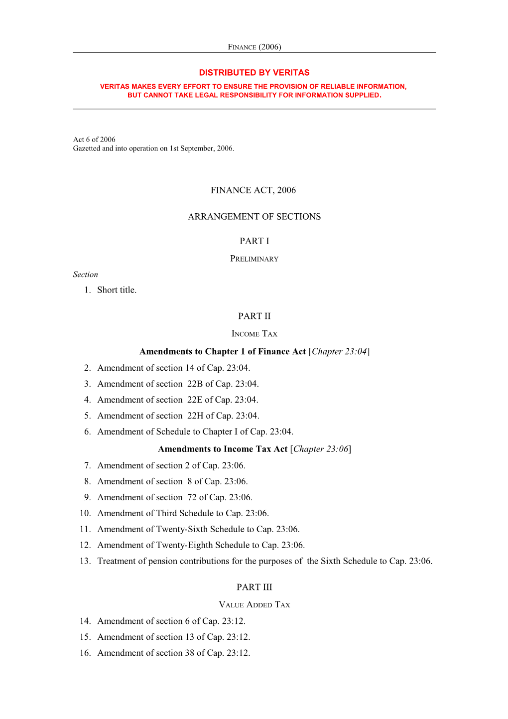 Finance Act 2006 - Act 6 of 2006