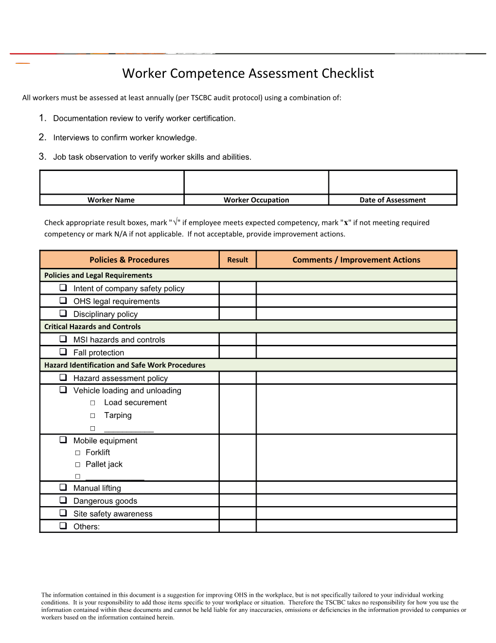 Worker Competence Assessment Checklist