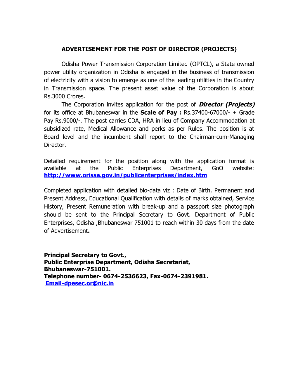 Advertisement for the Post of Director (Projects)
