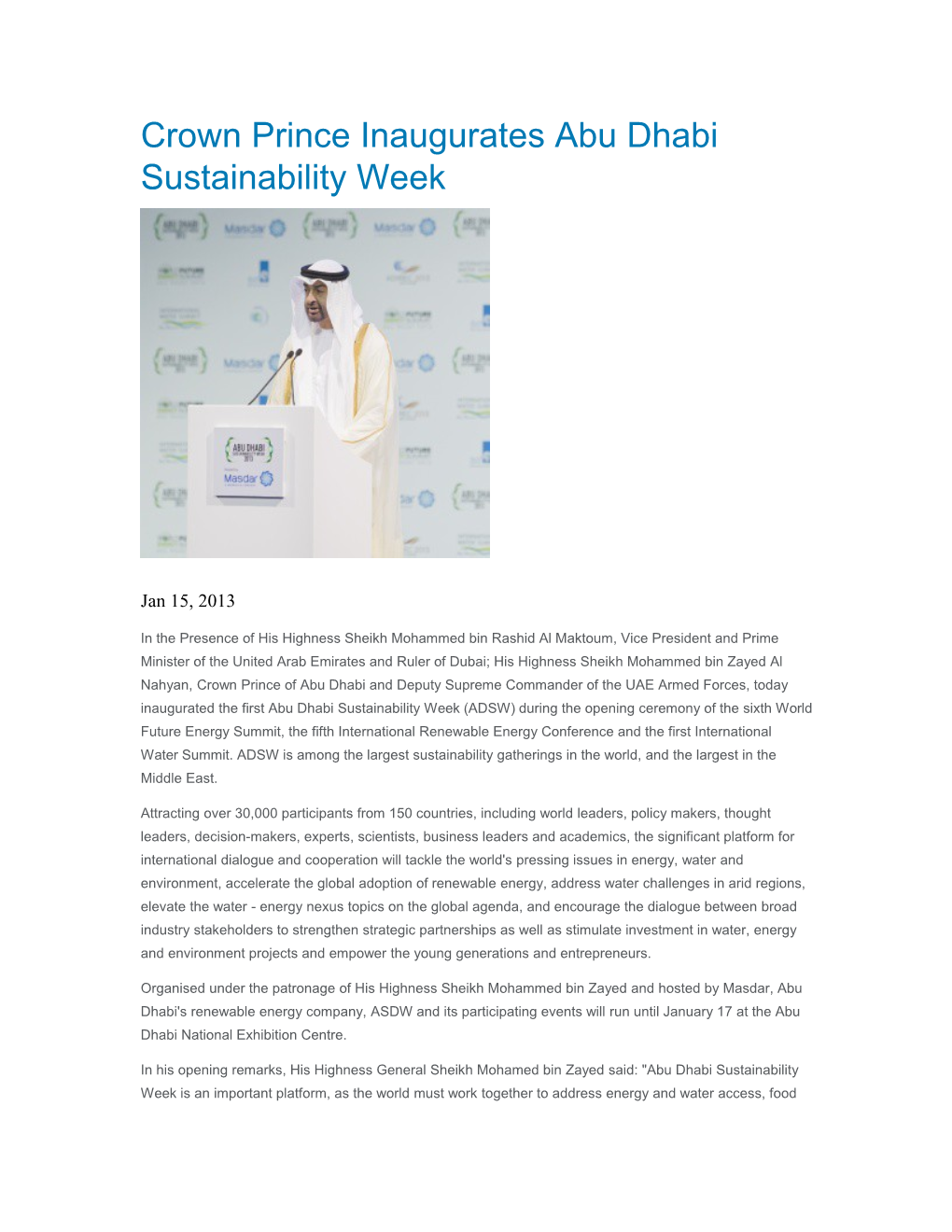 Crown Prince Inaugurates Abu Dhabi Sustainability Week