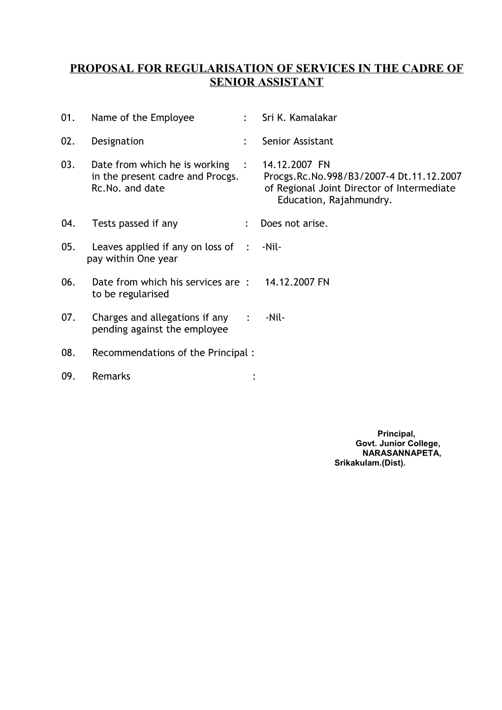 Proposal for Regularisation of Services in the Cadre of Senior Assistant