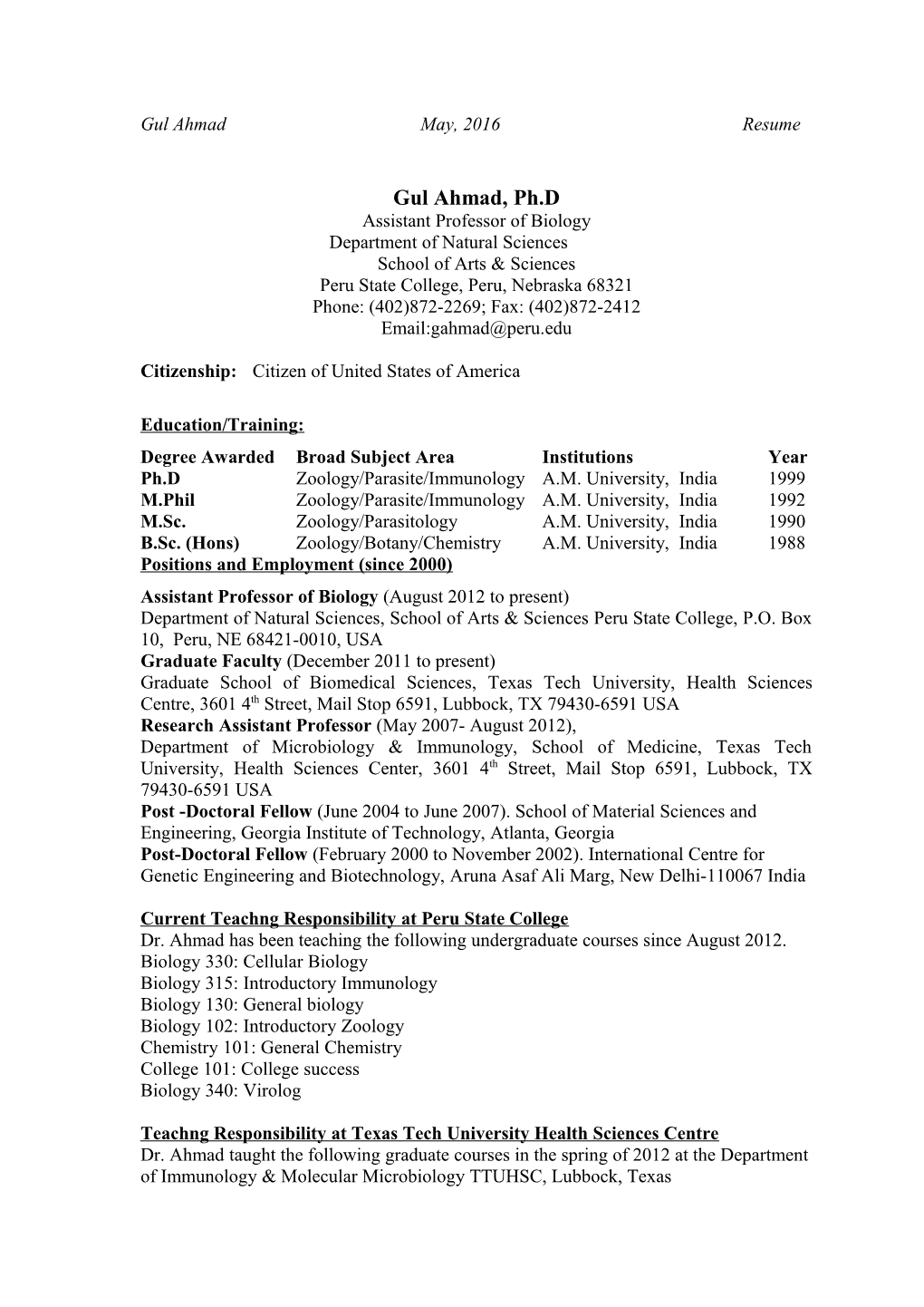 Gul Ahmad May, 2016 Resume