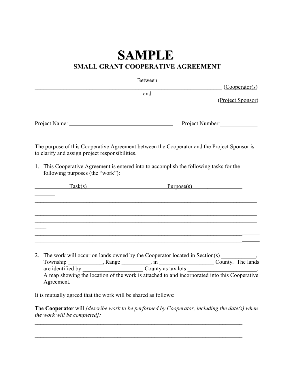 Sample Small Grant Cooperative Agreement