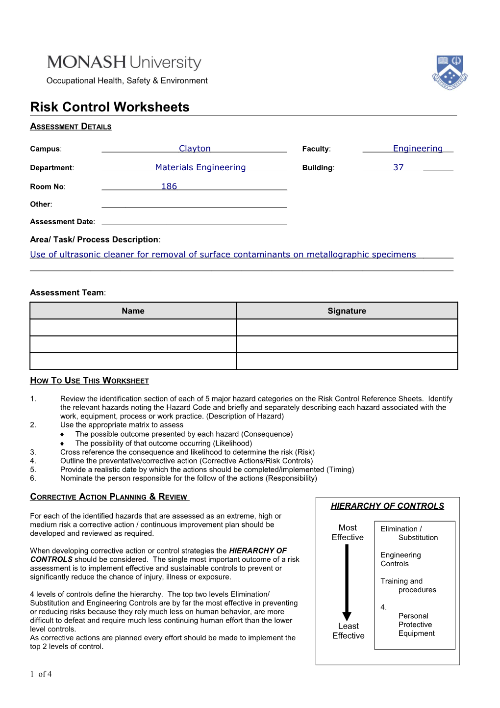 Risk Control Worksheets