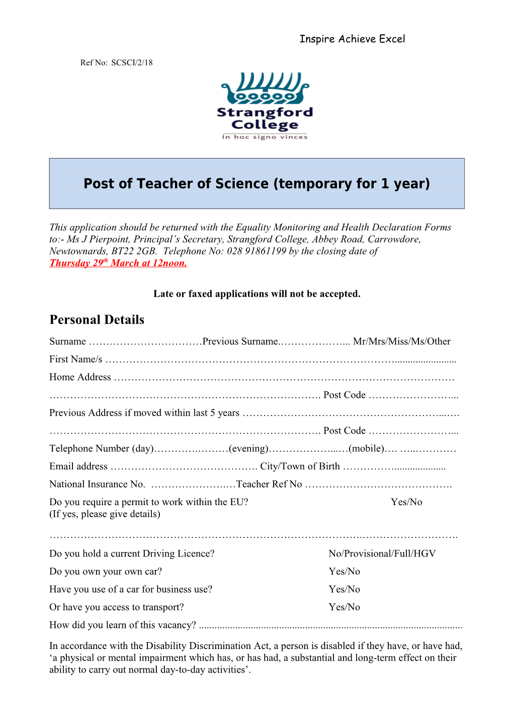 Post of Teacher of Science (Temporary for 1 Year)