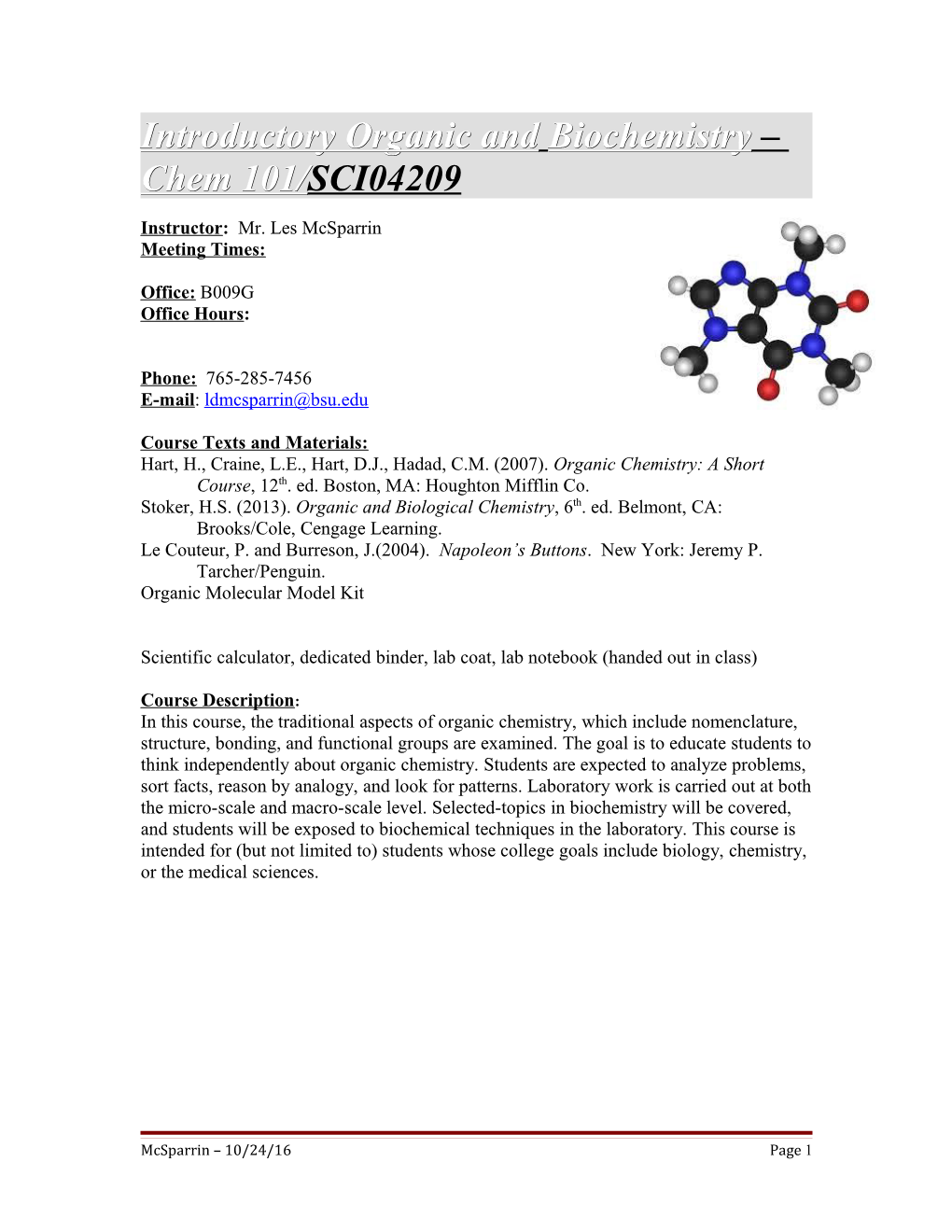 Introductory Organic and Biochemistry Chem 101/SCI04209