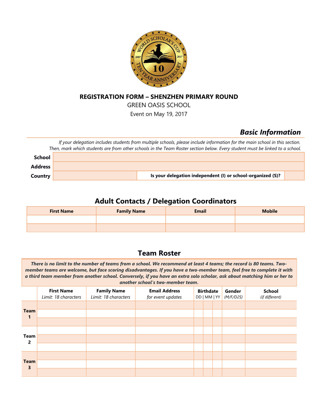 REGISTRATION FORM SHENZHEN PRIMARY ROUND Green Oasis School