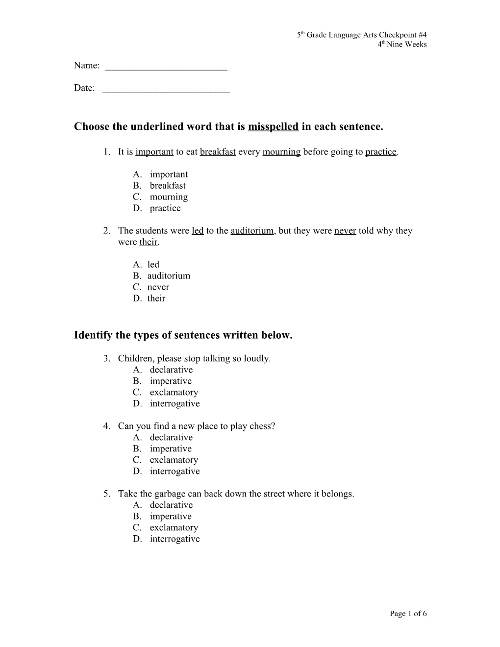 Language Arts : Checkpoint #4