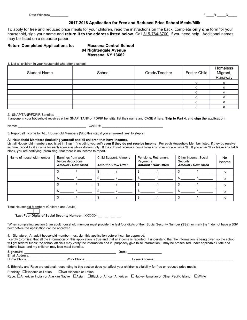 Free and Reduced Meal Application - English