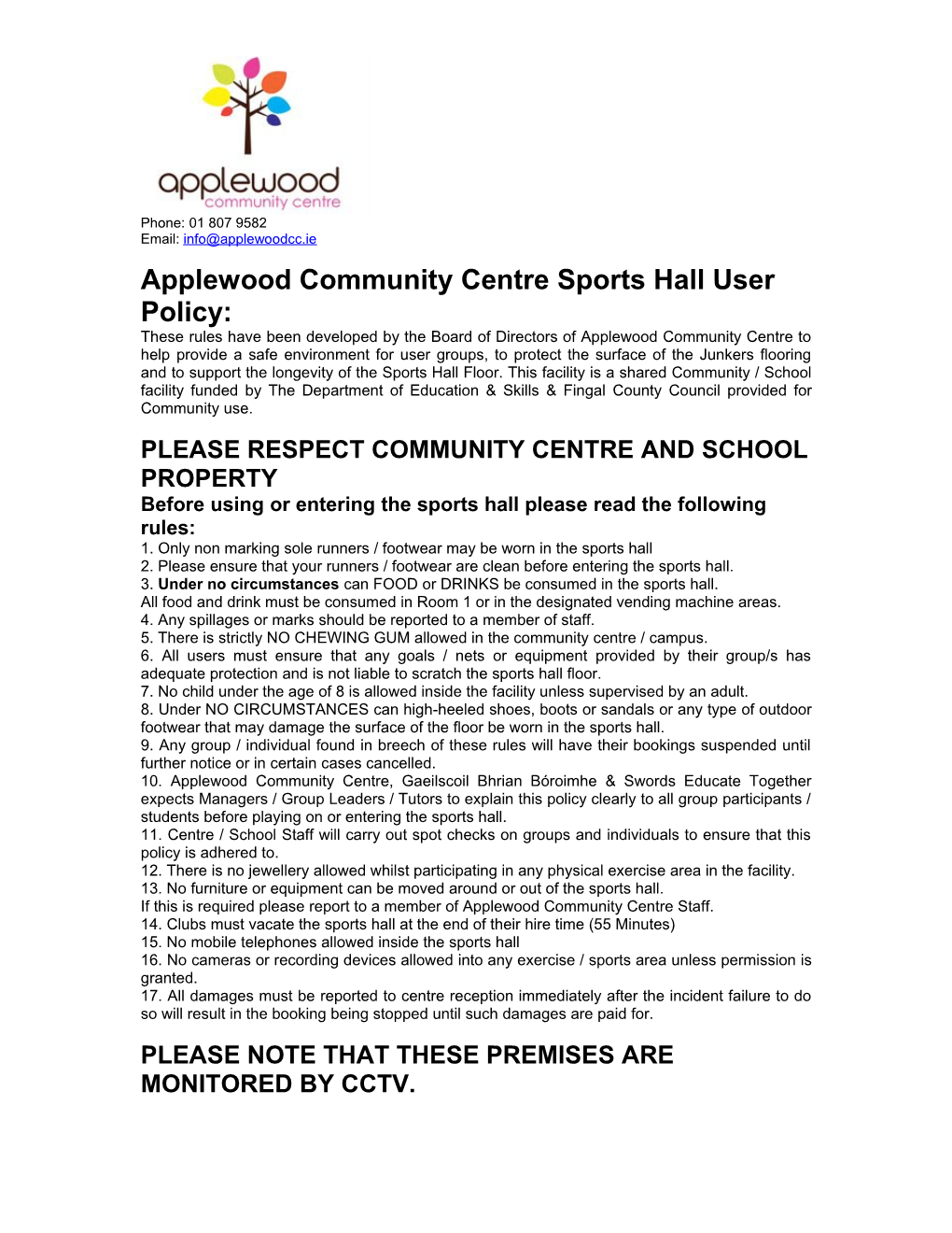 Applewood Community Centre Sports Hall User Policy