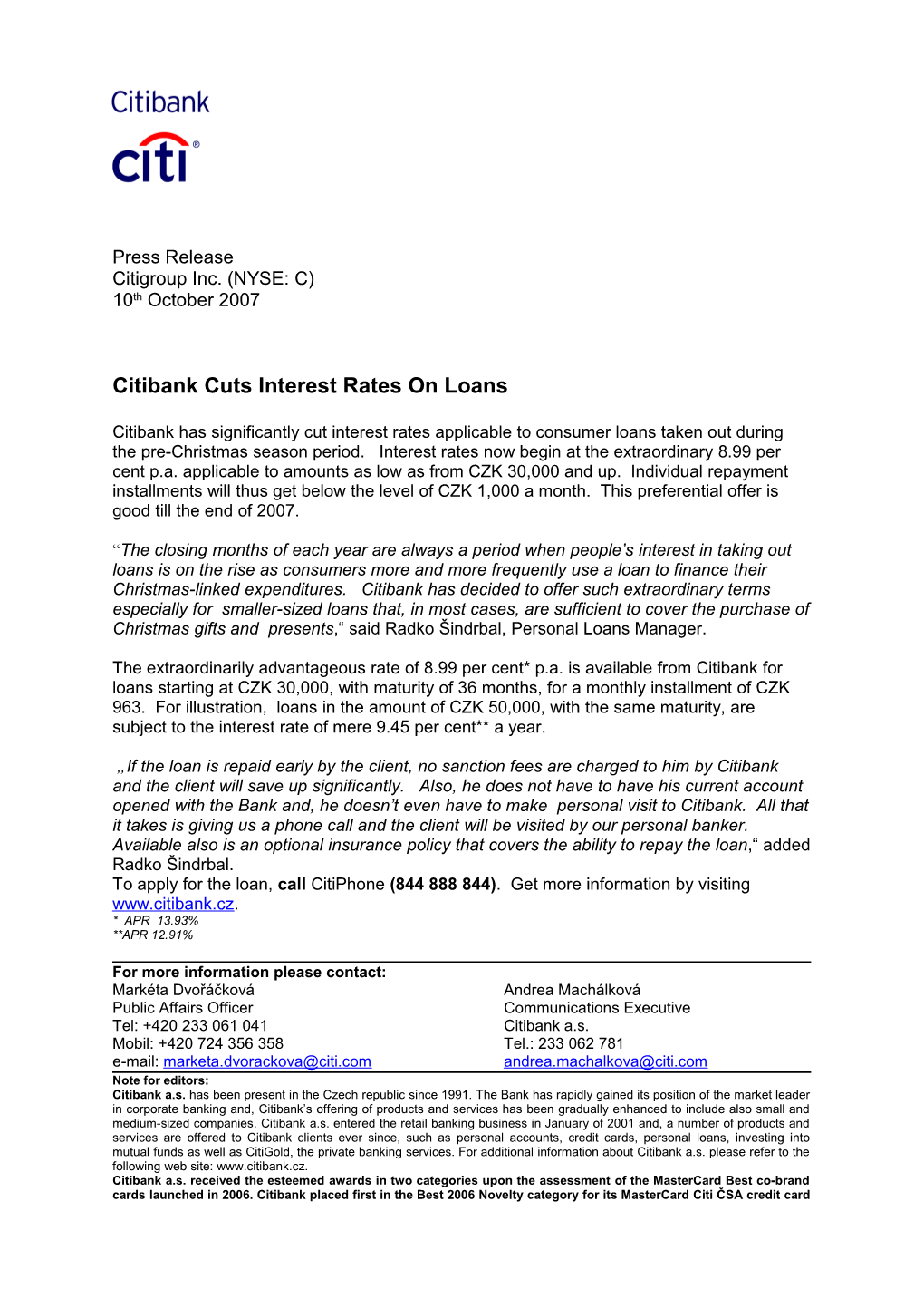 Citibank Cuts Interest Rates on Loans