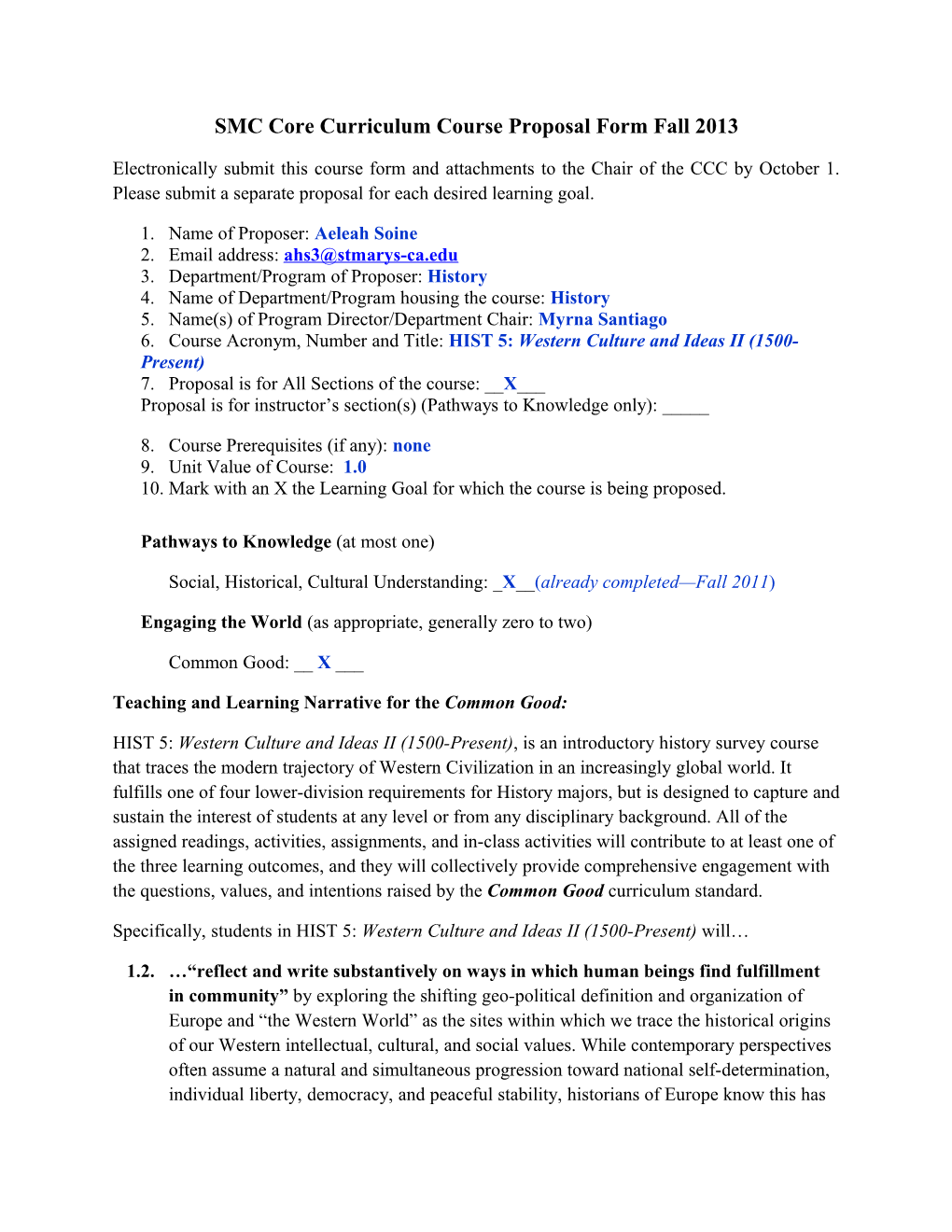 SMC Core Curriculum Course Proposal Form Fall 2013