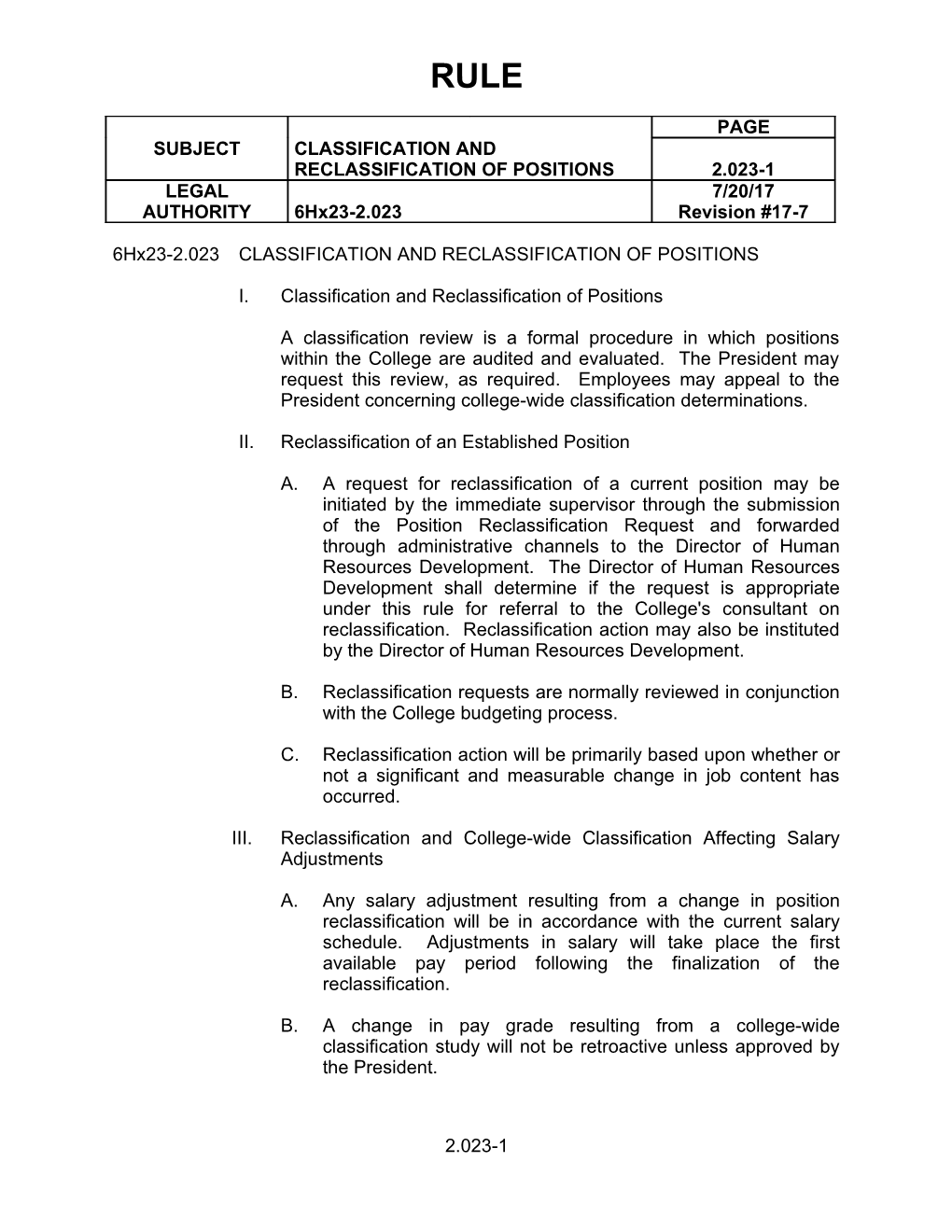 6Hx23-2.023 CLASSIFICATION and RECLASSIFICATION of POSITIONS