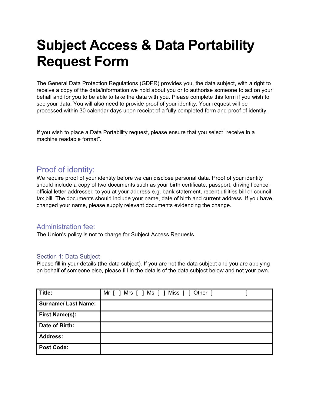 Subject Access & Data Portability Request Form