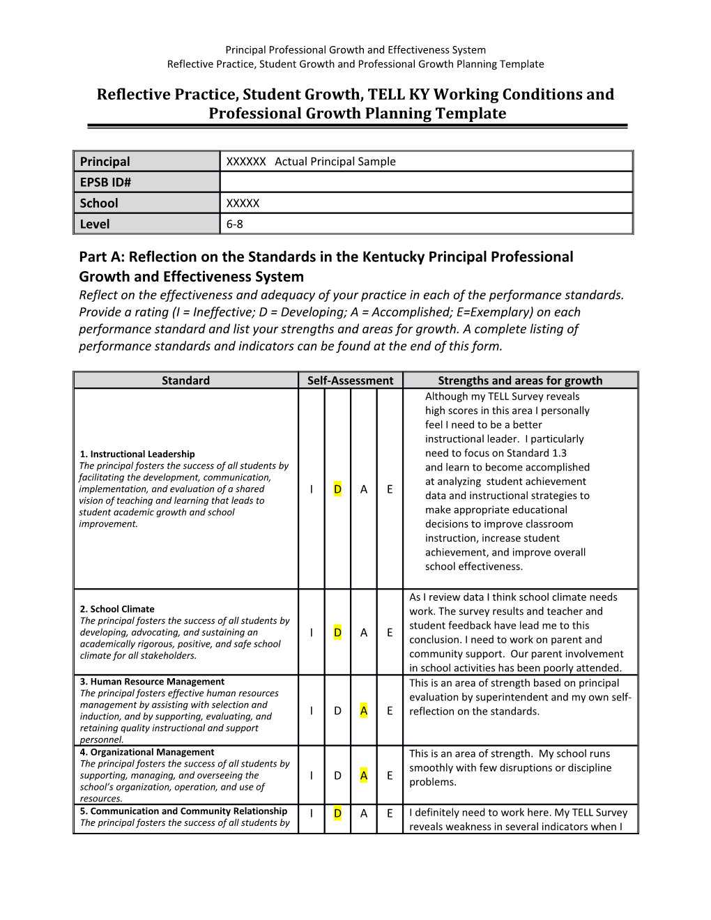 Principal Reflective Practice Student Growth And Professional Growth Planning Template
